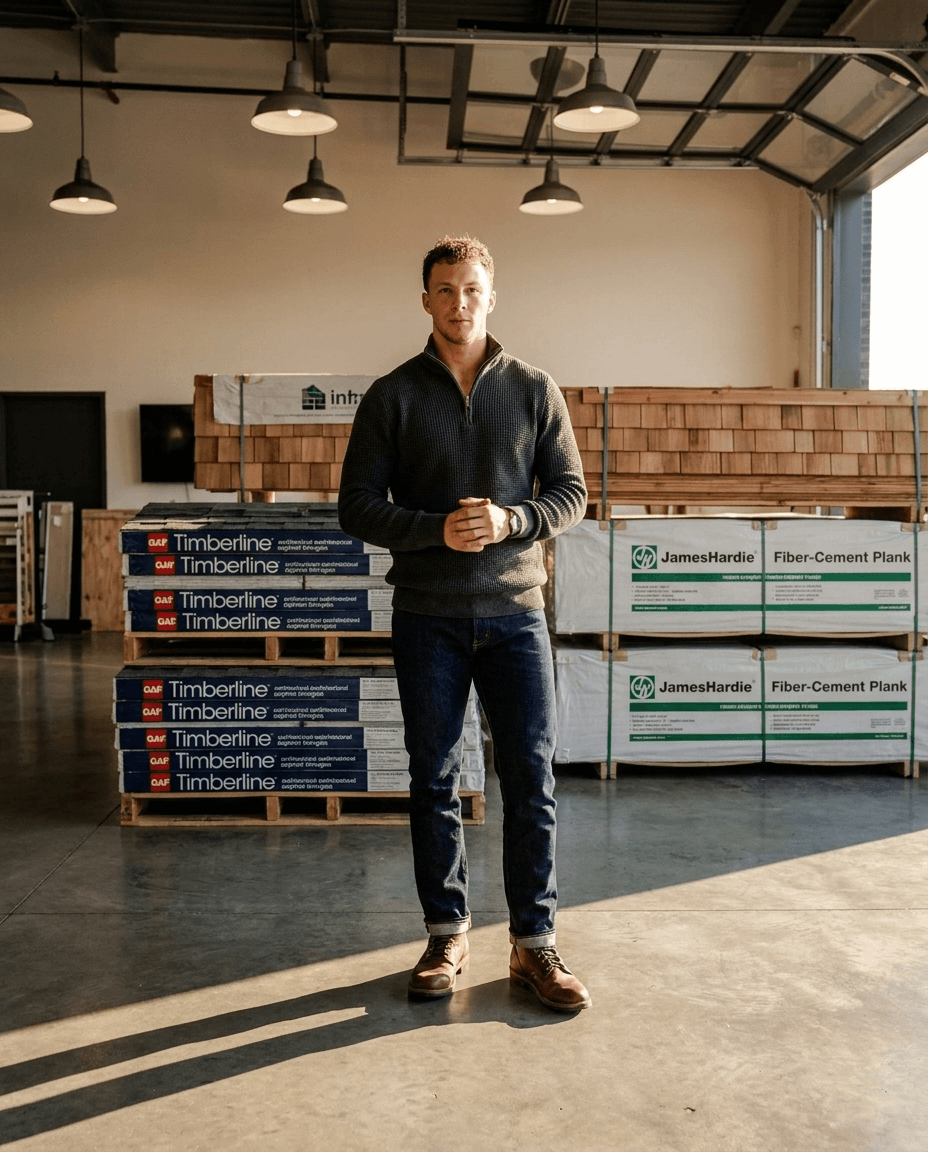 Hayden Mitchell of the Booked Then Built team, standing in a materials warehouse wearing a charcoal half-zip pullover and indigo jeans. Stacks of GAF Timberline architectural asphalt shingles and James Hardie Fiber-Cement Plank palletted behind him.